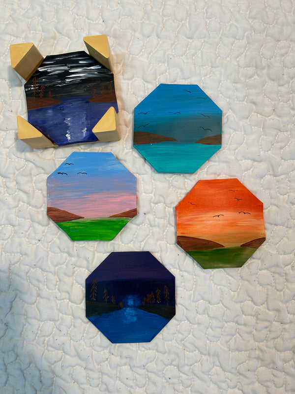 octogon coasters set of 5 with holding try